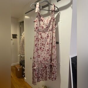 Lulus Terrace Views Taupe Floral Print Tiered Midi Dress